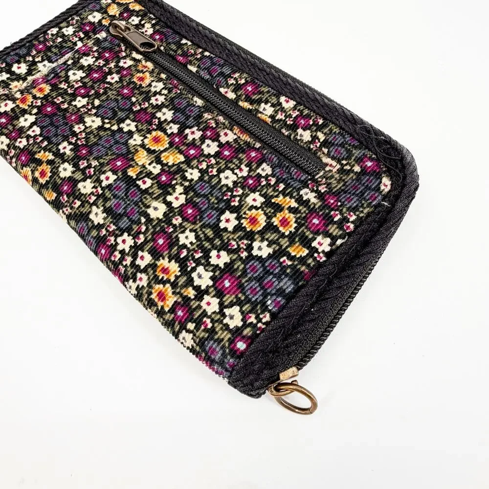 LEI Floral Zip Around Wallet Clutch Black Corduroy Organizer Boho Cottagecore